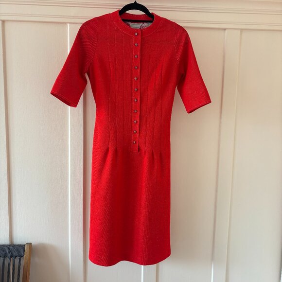 60s Vintage Orange Red Midi Dress with Floral Buttons Nardis of Dallas SMALL - Picture 1 of 5